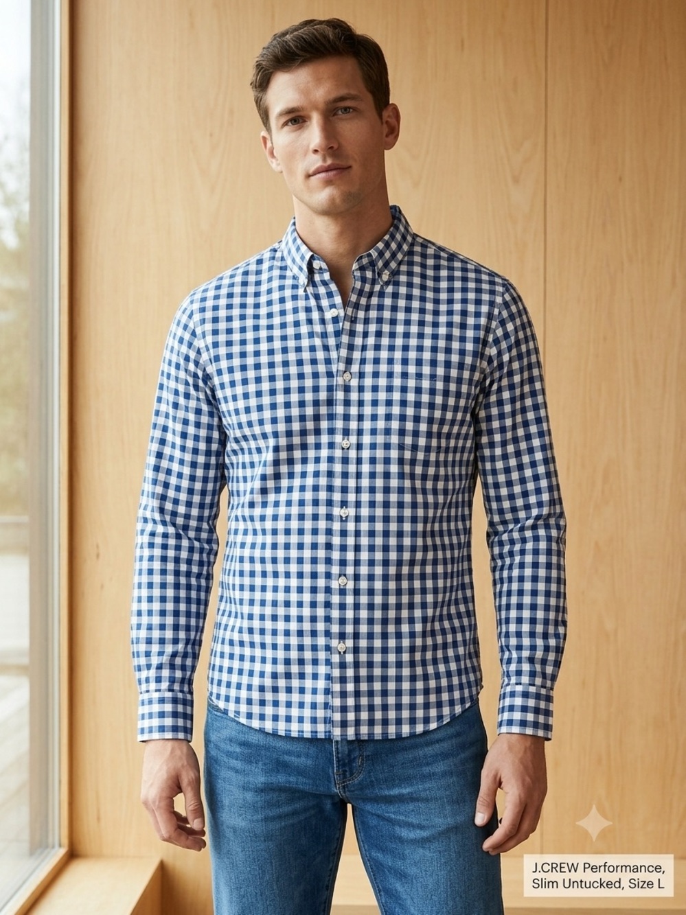 J. Crew Performance Shirt Mens L Large Slim Untucked Blue White Gingham NWT